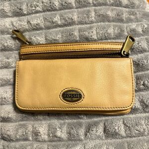 Fossil Beige Leather Pouch with Dual Zippers